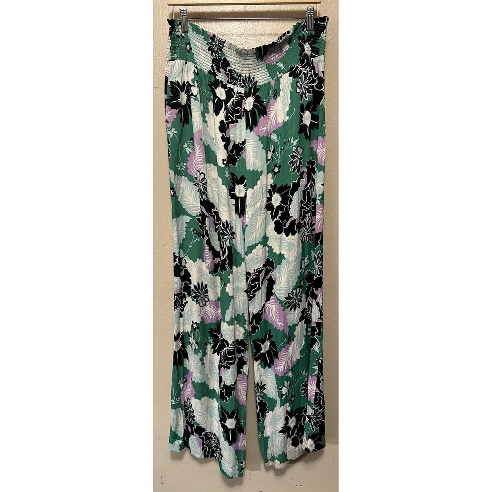Anthropologie‎ Maeve Saria Smocked Floral Wide-Leg Pants Green Women's Size XLT